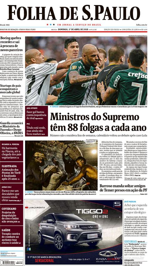 Capa Folha De Spaulo Edição Domingo 1 De Abril De 2018