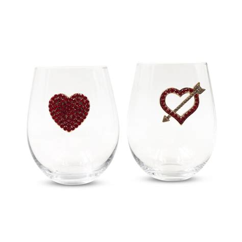 Valentine S Day Wine Glasses Set Of 2 Wine Ts Bedazzled Heart Stemless Wine Glass