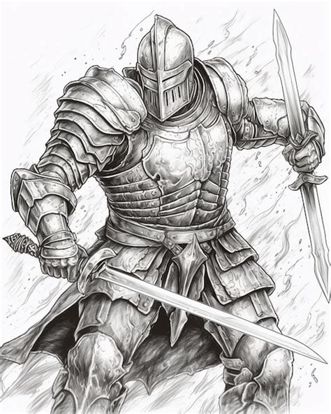Рисунок рыцаря с мечом и щитом Премиум Фото