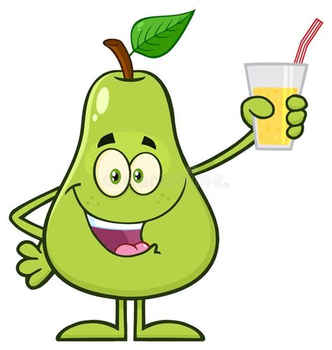 Pear Fruit With Green Leaf Cartoon Mascot Character Holding Up A Glass