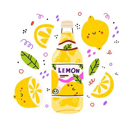 Cute Lemonade Glass And Bottle With Lemonade Isolated Vector Cartoon Character Hand Drawn
