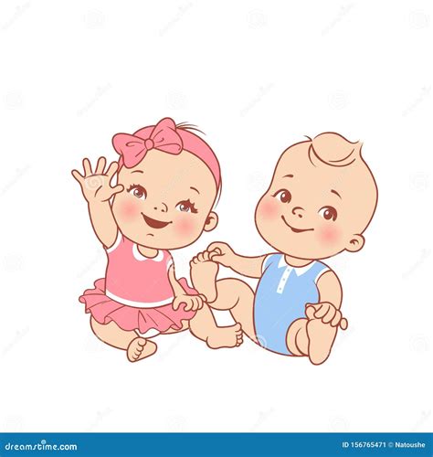 Little Twin Babies Siting Boy And Girl Together Stock Vector