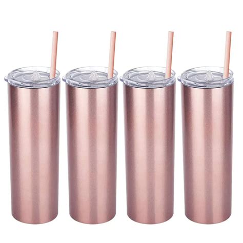 20oz stainless steel skinny tumbler double walled water cup with lid and straw rose gold cup