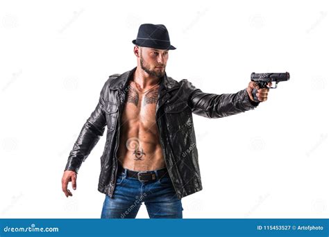 Man Pointing Gun To Camera Wearing Jacket On Naked Torso Handsome Man My XXX Hot Girl