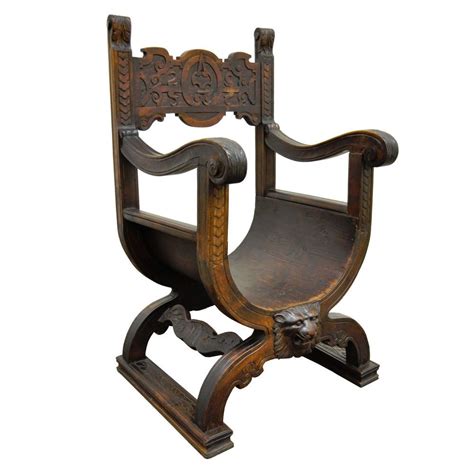 Antique carved lion s head feet oak chair. Antique Carved Oak Lions Head Face Curule Throne Chair ...