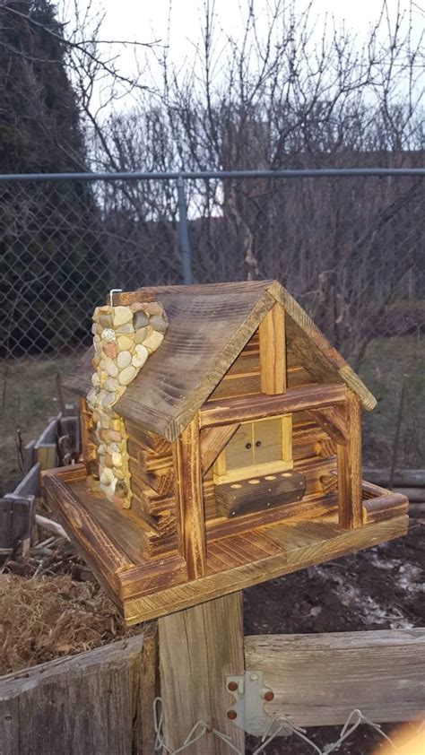 Bird Feeder Log Cabin Style With Stone Chimney Etsy
