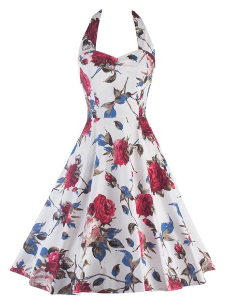 41 Off 2020 Halter Floral Print Backless Pin Up Dress In White