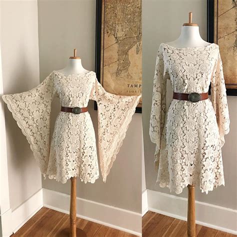 Bell Sleeve Vintage 70s Cream Crochet Boho Wedding Mini Dress Hippie