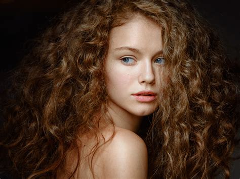 Wallpaper Maxim Maximov Women Brunette Long Hair Wavy Hair Blue Eyes Looking Away