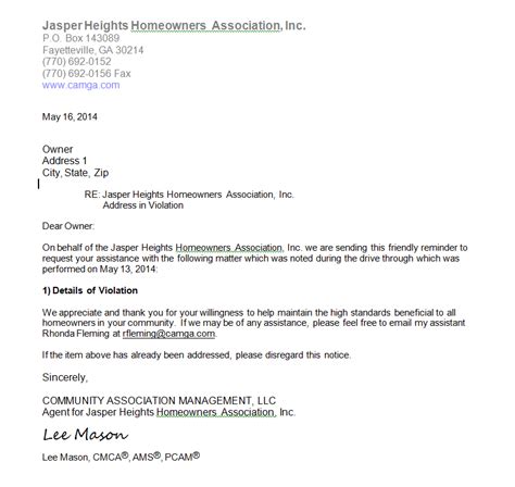 Jasper Heights Hoa Violation Letters