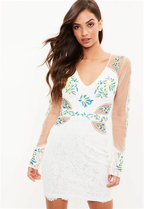 Lyst Missguided White Embroidered Lace Mesh Plunge Mini Dress In White