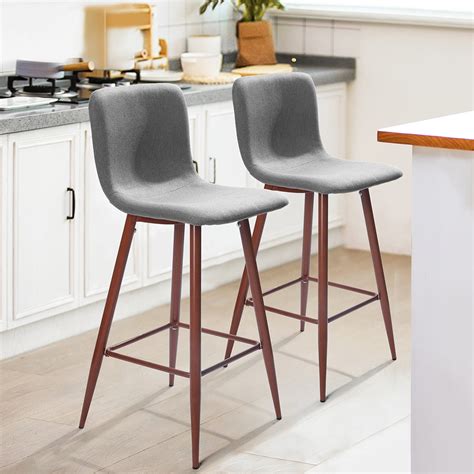 Furniturer 29 In Full Back Bar Stools Set Of 2 Counter Stools Wood Veneer Metal Legs Fabric