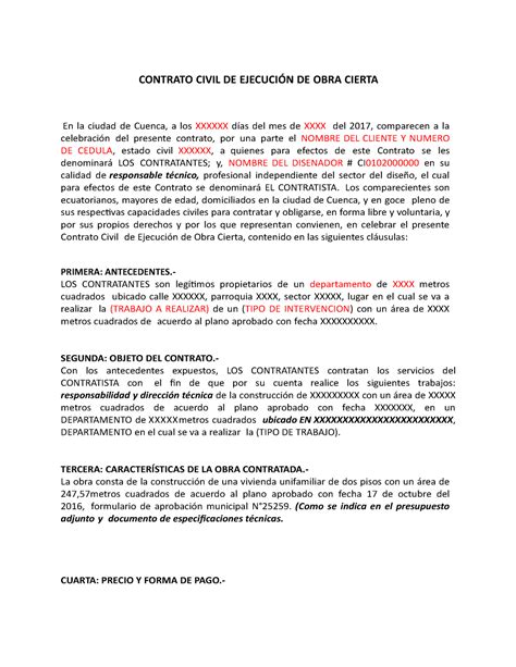 Modelo Contrato Ejecucion Obra Cierta Contrato Civil De EjecuciÓn De