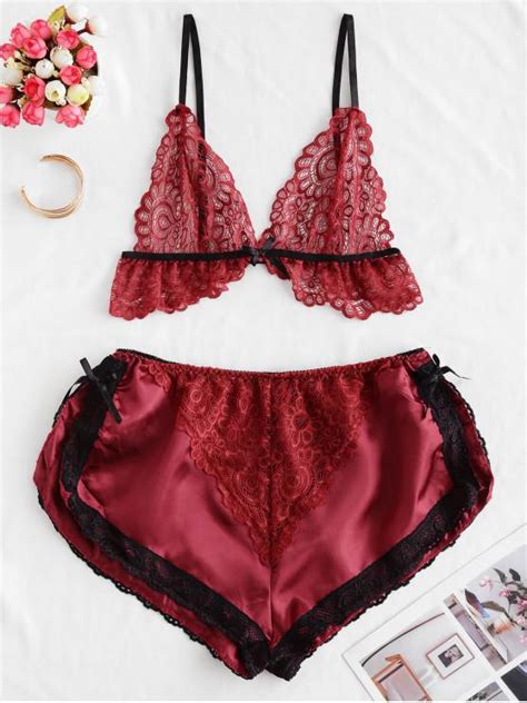 [35 Off] 2021 Lace Insert Bowknot Satin Lingerie Set In Red Wine Zaful