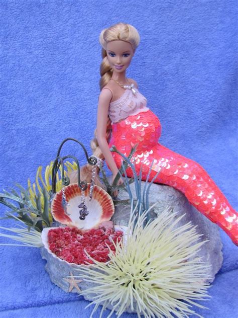 Special Custom Ooak Mermaid Barbie Doll Pregnant Nadia W Ocean Bottom Stand Mermaid Barbie