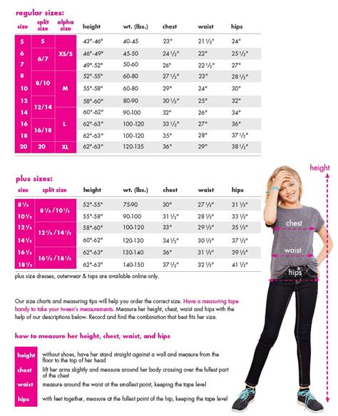 Girls Clothes Size Charts Regular And Plus Size Shop