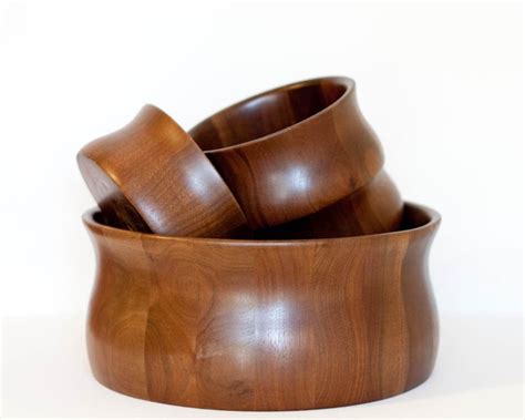 Vintage Wooden Walnut Bowl Set Snack Set With Large Serving Bowl And