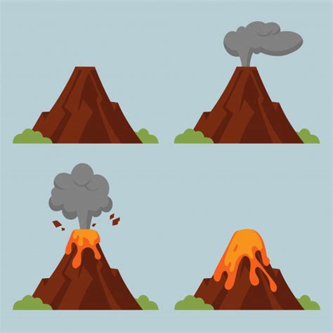 Conjunto De Volcanes De Diversos Grados De Erupción Ilustración De