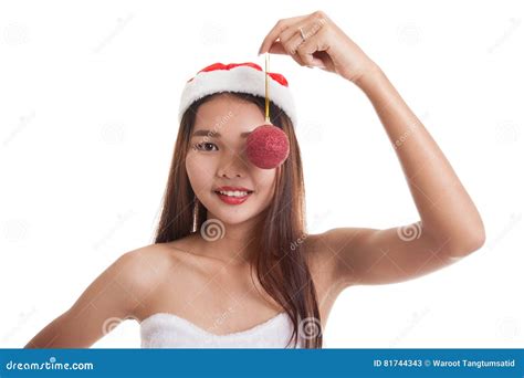 Asian Christmas Santa Claus Girl With Bauble Ball Stock Image Image