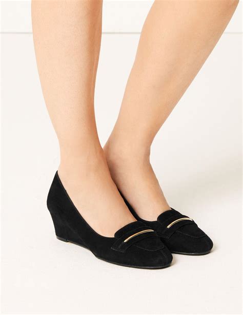 Marks Spencer Suede Wedge Heel Trim Court Shoes In Black Lyst