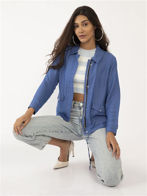 Buy Blue Solid Regular Summer Jacket For Women Online Zink London