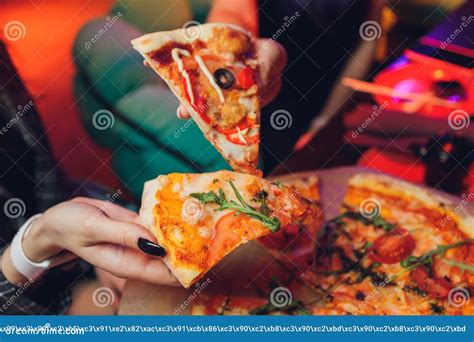 Eating Food Close Up Of People Hands Taking Slices Of Pepperoni Pizza