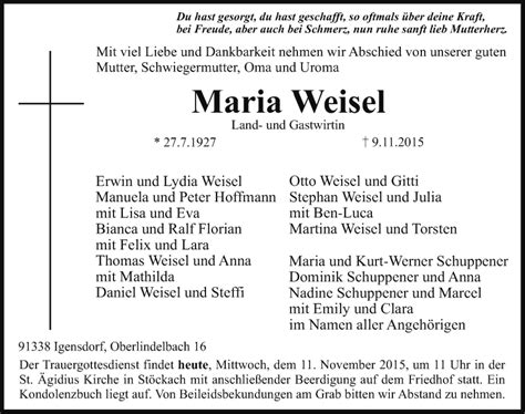 Traueranzeigen Von Maria Weisel Trauer Nn De