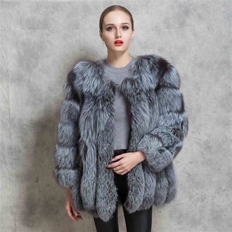 Liyafur Womens Real Genuine Full Pelt Natural Silver Fox Fur Winter