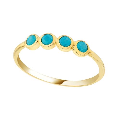 14K Real Solid Gold Four Turquoise Ring For Women December Birthstone