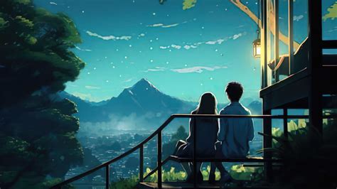 1366x768 Anime Couple Sitting On Bench Looking At Landscape Laptop Hd