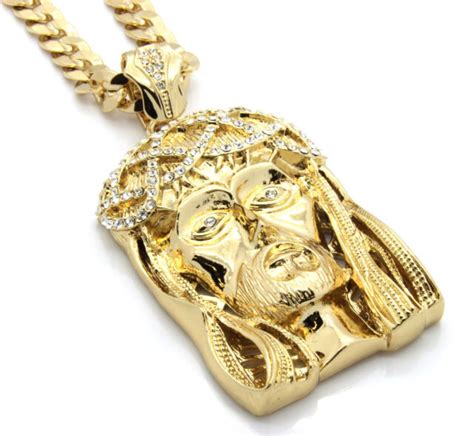 Mens 14k Gold Plated 30 Cuban Chain Crowned Jesus Large Pendant