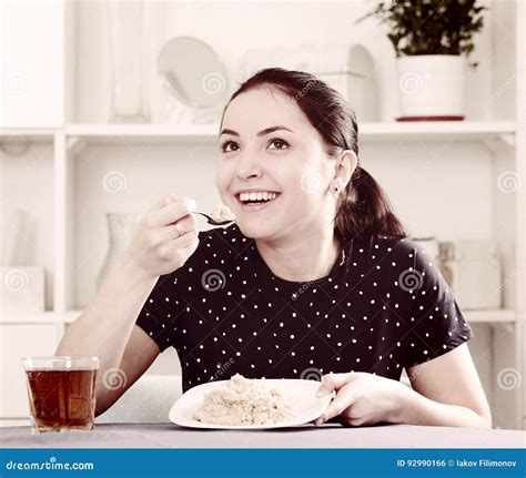 Smiling Girl Eating Cereal Stock Photo Image Of Juice 92990166