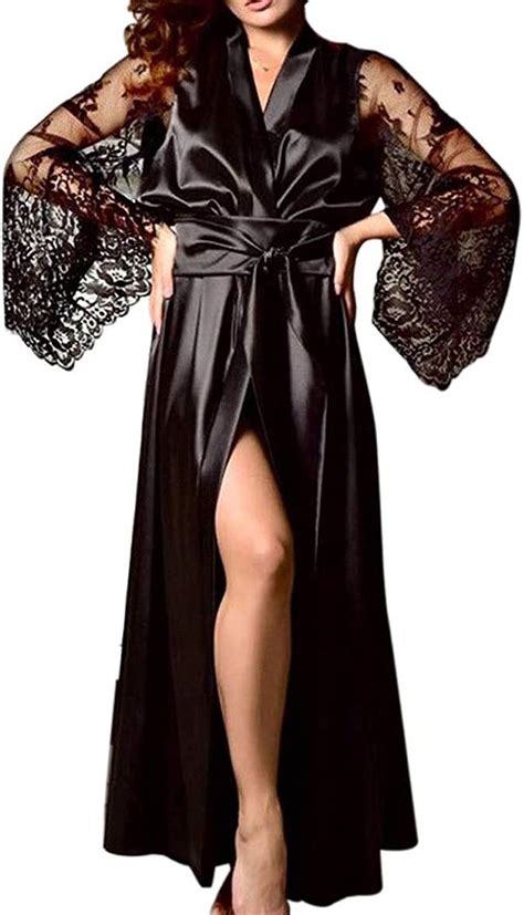 Women Sexy Lace Satin Long Robes Lingerie Gown Deep V Neck Wedding Nightdress