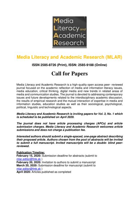 Pdf Media Literacy And Academic Research Call For Papers Vol3 No