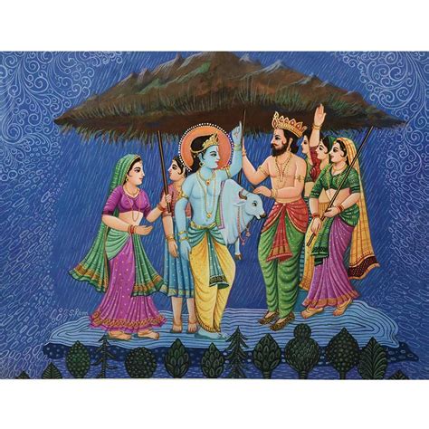 Handmade Painting Of Goverdhan Parbat Leela Of Krishna