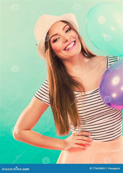 Woman Summer Joyful Girl With Colorful Balloons Stock Image Image Of Celebrate Fashion 77643865