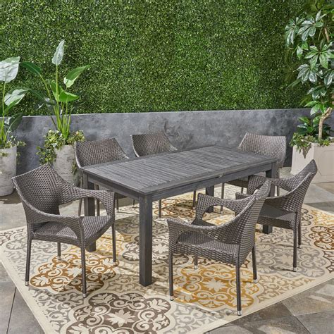 7-Piece Gray Finish Outdoor Furniture Patio Expandable Dining Set ...