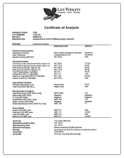 Free Sample Certificate Of Analysis Coa Templates