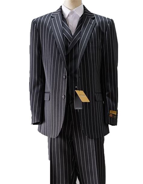 Mens Vested Gangster Pinstripe Suit In Black And White