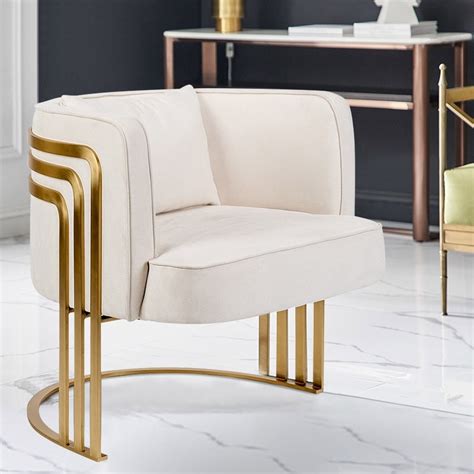 Luxury Modern Stylish White Velvet Armchair Upholstered Barrel Chair With Pillow Gold Stainless