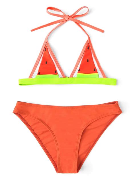 Orange Watermelon Swimsuit Halter Top With High Leg Bikini Bottom