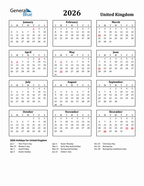 Free Printable 2026 United Kingdom Holiday Calendar