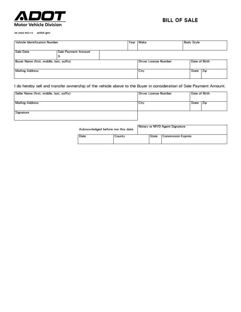 Free Arizona Motor Vehicle Bill Of Sale Form PDF