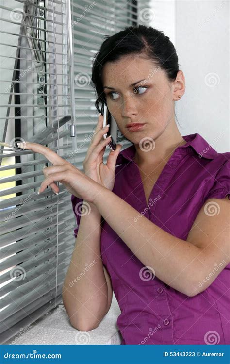 Paranoid Woman Looking Through Blinds Stock Image Image Of Listening Caucasian 53443223