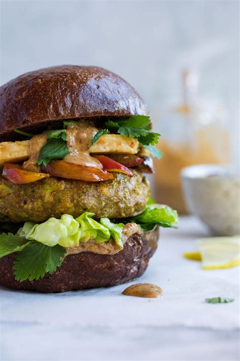 Chickpea Veggie Burgers With Fried Halloumi And Peaches Homemade