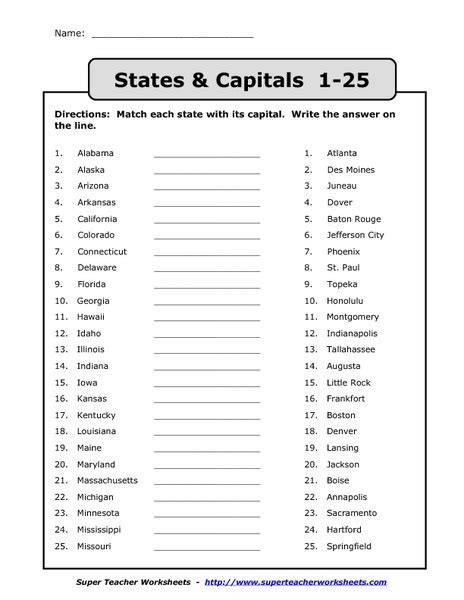States And Capitals 1 25 Worksheet For 3rd 5th Grade Lesson Planet