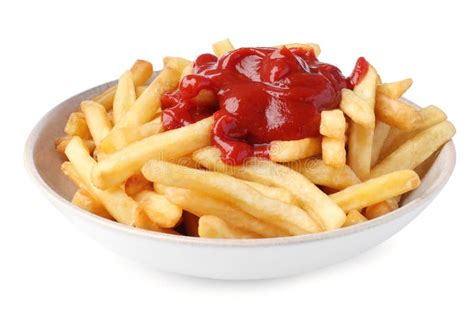 Bowl Of Tasty French Fries With Ketchup Isolated On White Stock Photo