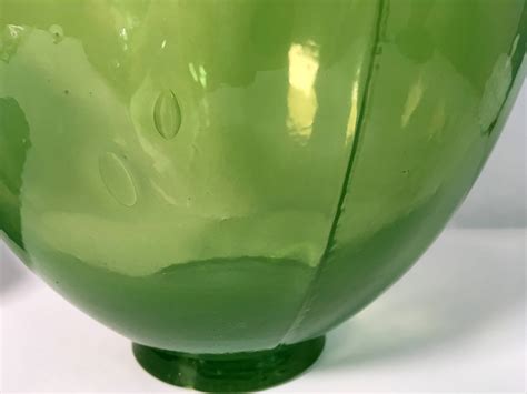 Vintage Art Glass Vase Green Large Bulbous Oval Floor Vase Tall Hand Blown Glass Vase Urn