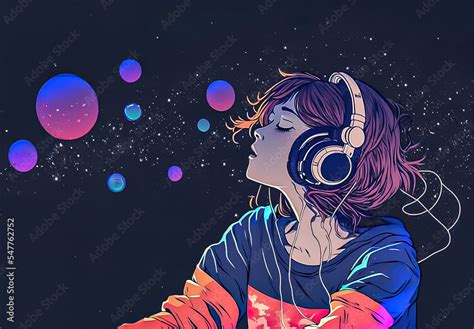 Beautiful Anime Girl Floating In Space With Stars Listening To Lofi
