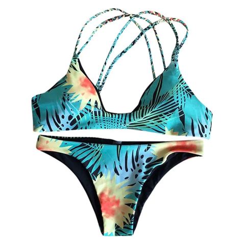 Women Female Sunflower Printed Split Bikini Set Padded Bra Swimsuit Bather Swimwear Brazilian